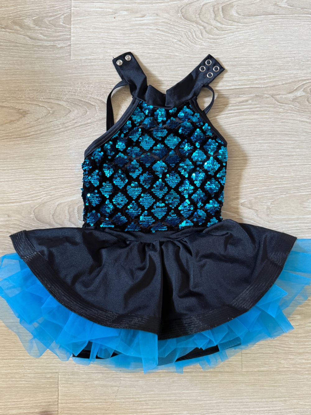 Weissman Black and Teal Sequin Dance Costume with Blue Tulle Skirt
